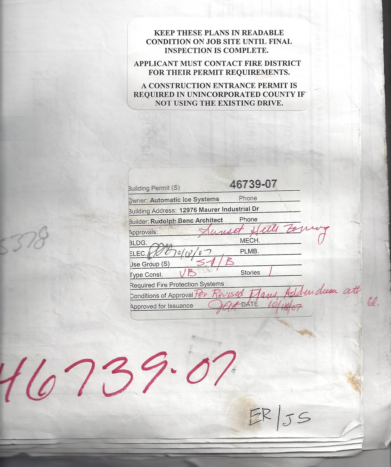 Markings from the AHJ denoting that this is the set approved for construction.